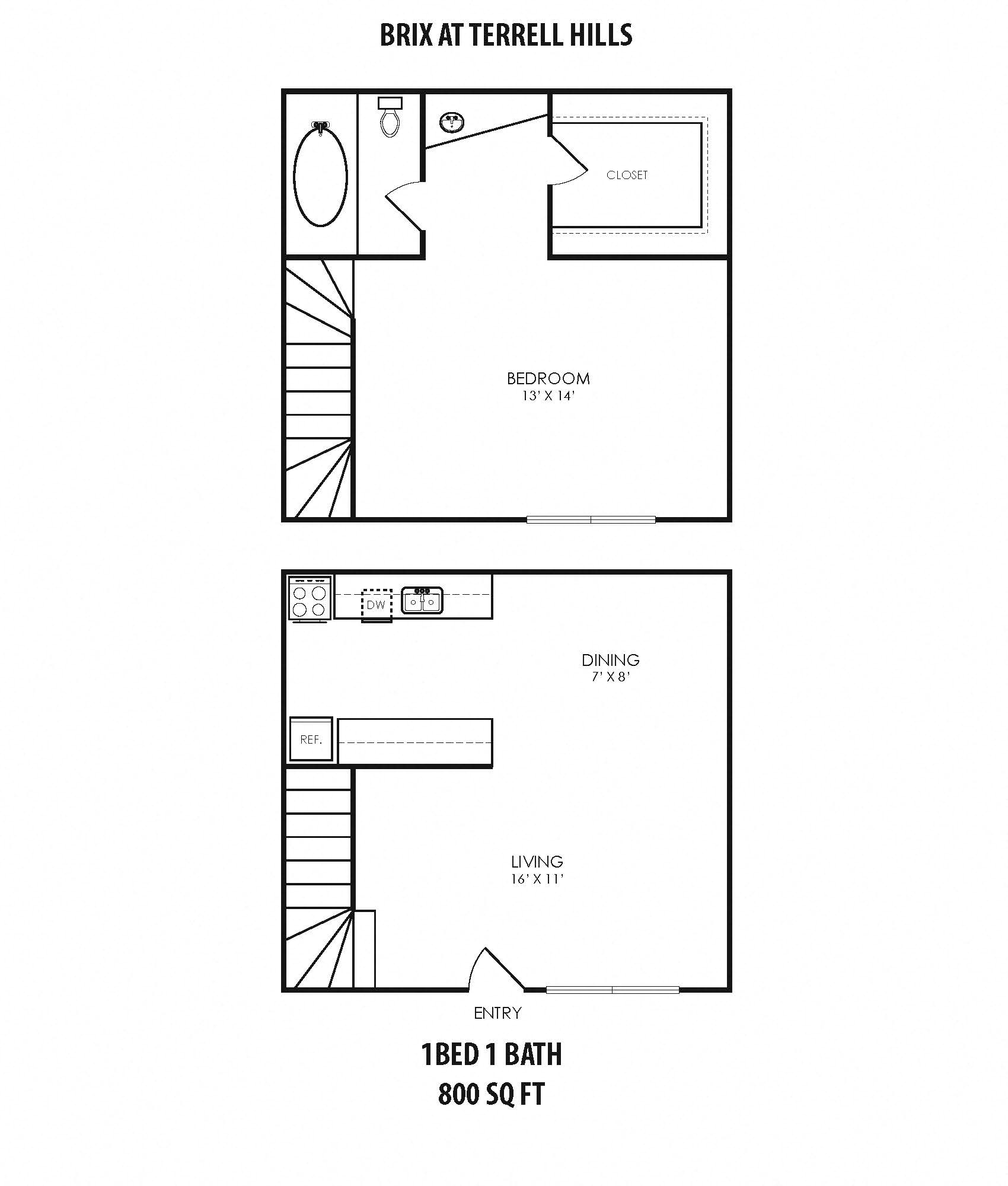 Floor plan for 1 bed, 1 bath, 800 sqft
